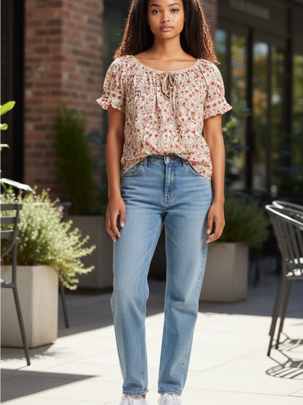 Max Studio Floral Peasant Top in Cream and Red
